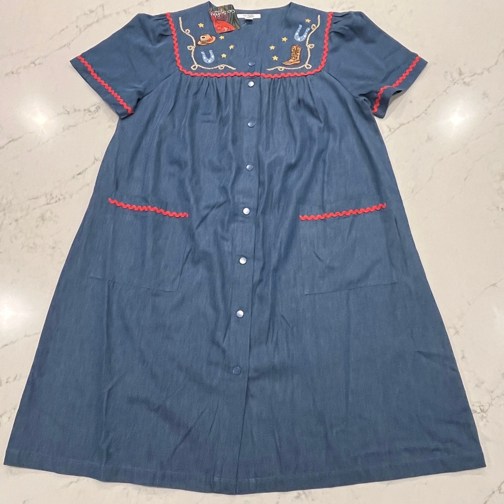 Go Softly NEW Cotton Chambray Patio House Dress L Muumuu Embroidered Cowgirl